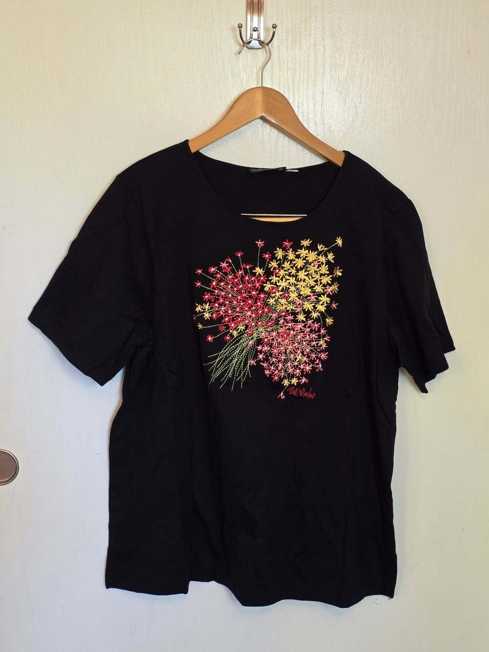 Bob Mackie Wearable Art Black Short Sleeve T-Shirt with Floral Embroidery